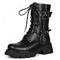 Women Harness Motorcycle Biker Boots Steampunk Combat Boots Chunky Mid Calf Goth Boots Lug Sole Lace up Side Zipper