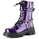 Women Harness Motorcycle Biker Boots Steampunk Combat Boots Chunky Mid Calf Goth Boots Lug Sole Lace up Side Zipper