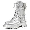 Women Harness Motorcycle Biker Boots Steampunk Combat Boots Chunky Mid Calf Goth Boots Lug Sole Lace up Side Zipper