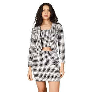 women houndstooth printed black white three piece co-ord set with blazer skirt crop
