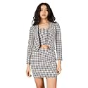 Women Houndstooth Printed Black White Three Piece Co-Ord Set with Blazer Skirt Crop
