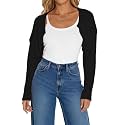 Women Long Sleeve Open Front Ribbed Knit Crop Cardigan Solid Loose Drop Shoulder Shrug Bolero Crop Sweater Top