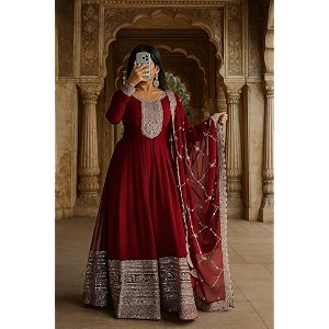 women omkar textile39s georgette anarkali gown with dupatta set embroidered wedding floor length