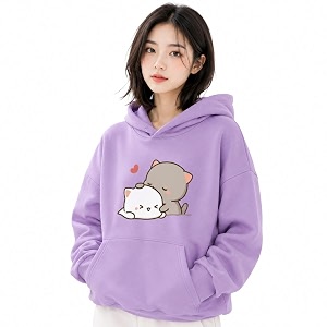 Women Oversized Hooded Sweatshirt Purple Cat Printed