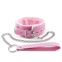 Women Pink Leather Fur-Lined Collar and Leash Set, Sex Toys Leather Necklace Choker for Games