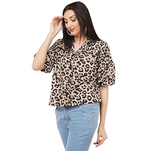 Women Printed Oversized Lapel Collar Casual Crop