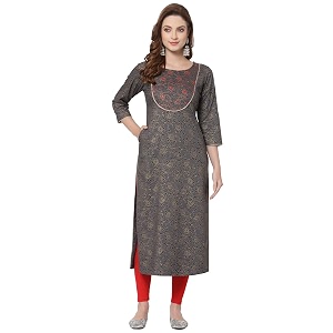 Women Rayon Black Embroidery Printed Straight Kurti