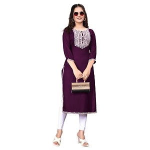 Women Rayon Embroidered Kurti Three Quarter Sleeve