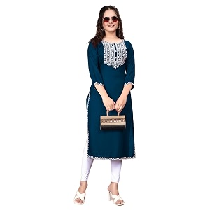 Women Rayon Embroidered Kurti Three Quarter Sleeve