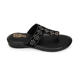 Womens Black Synthetic Leather Flat Sandals