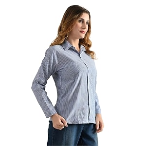 Womens Blue Cotton Striped Shirt - Regular