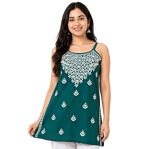 Womens Chikankari Rayon Top Sleeveless Strappy Kurti