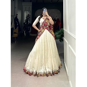 Womens Cream Lehenga Choli with Dupatta