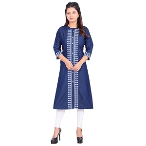 Womens Denim Kurti with White Embroidery Side