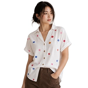 Womens Floral Embroidered Shirt Elegant Short