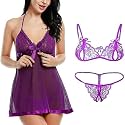 Women’s Net Lace Babydoll Lingerie Set of Midi/Nighty/Nightgown with Penty, Sexy Sleepwear Sling Dress Free Size (28-36) Inches