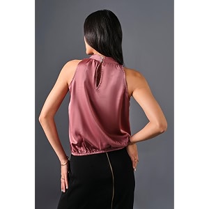Womens Pink Satin Sleeveless High-Neck Top