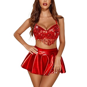 womens rave festival outfit set  sequin fringe crop top metallic mini skirt amp high-waist panty  3-piece dancewear costume for edm cosplay amp clubwear