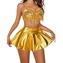 Women’s Rave Festival Outfit Set – Sequin Fringe Crop Top, Metallic Mini Skirt &amp; High-Waist Panty | 3-Piece Dancewear Costume for EDM, Cosplay &amp; Clubwear