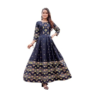 womens rayon printed anarkali gown with 34 sleeves  flared long dress  traditional anarkali kurta  elegant ethnic gown for party festive and casual wear