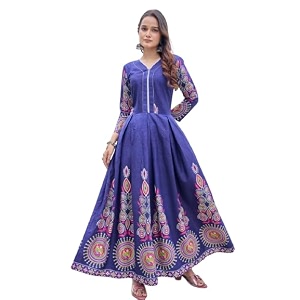 womens rayon printed anarkali gown with 34 sleeves  flared long dress  traditional anarkali kurta  elegant ethnic gown for party festive and casual wear