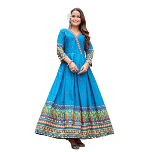 womens rayon printed anarkali gown with 34 sleeves  flared long dress  traditional anarkali kurta  elegant ethnic gown for party festive and casual wear