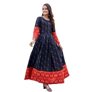 womens rayon printed anarkali gown with 34 sleeves  flared long dress  traditional anarkali kurta  elegant ethnic gown for party festive and casual wear
