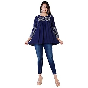 womens stylish fashionable rayon embroidery top size casual  party  beach  formal  meeting  office wear  party  evening  college blue m