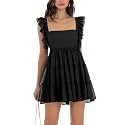 Women’s Summer Square Neck Tie Back Ruffle Sleeve Tiered Casual A-Line Short Mini Dress