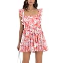 Women’s Summer Square Neck Tie Back Ruffle Sleeve Tiered Casual A-Line Short Mini Dress