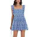 Women’s Summer Square Neck Tie Back Ruffle Sleeve Tiered Casual A-Line Short Mini Dress