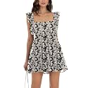 Women’s Summer Square Neck Tie Back Ruffle Sleeve Tiered Casual A-Line Short Mini Dress