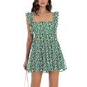 Women’s Summer Square Neck Tie Back Ruffle Sleeve Tiered Casual A-Line Short Mini Dress