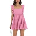 Women’s Summer Square Neck Tie Back Ruffle Sleeve Tiered Casual A-Line Short Mini Dress