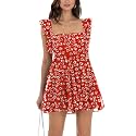 Women’s Summer Square Neck Tie Back Ruffle Sleeve Tiered Casual A-Line Short Mini Dress