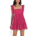 Women’s Summer Square Neck Tie Back Ruffle Sleeve Tiered Casual A-Line Short Mini Dress
