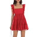 Women’s Summer Square Neck Tie Back Ruffle Sleeve Tiered Casual A-Line Short Mini Dress
