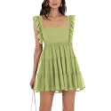 Women’s Summer Square Neck Tie Back Ruffle Sleeve Tiered Casual A-Line Short Mini Dress