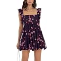 Women’s Summer Square Neck Tie Back Ruffle Sleeve Tiered Casual A-Line Short Mini Dress