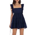 Women’s Summer Square Neck Tie Back Ruffle Sleeve Tiered Casual A-Line Short Mini Dress