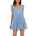 Women’s Summer Square Neck Tie Back Ruffle Sleeve Tiered Casual A-Line Short Mini Dress