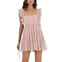 Women’s Summer Square Neck Tie Back Ruffle Sleeve Tiered Casual A-Line Short Mini Dress