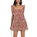 Women’s Summer Square Neck Tie Back Ruffle Sleeve Tiered Casual A-Line Short Mini Dress