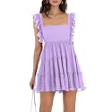 Women’s Summer Square Neck Tie Back Ruffle Sleeve Tiered Casual A-Line Short Mini Dress