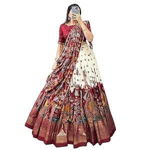 women39s trending designeer tussar silk lehenga choli print with foil work with unstitched blouse patola print adorned with foil work for navrati  wedding