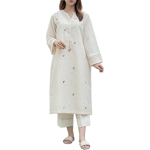 Womens White Cotton Embroidered Kurta Pant Set