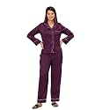 Women Satin Solid Night Suit - Purple