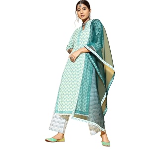Women Sea Green Printed Straight Kurta Palazzo
