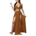 Women Sexy 2 Piece Outfits Dress Chiffon Strap Deep V Neck Bra Crop Top High Split Maxi Dresses Skirt Set