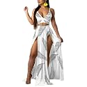 Women Sexy 2 Piece Outfits Dress Chiffon Strap Deep V Neck Bra Crop Top High Split Maxi Dresses Skirt Set
